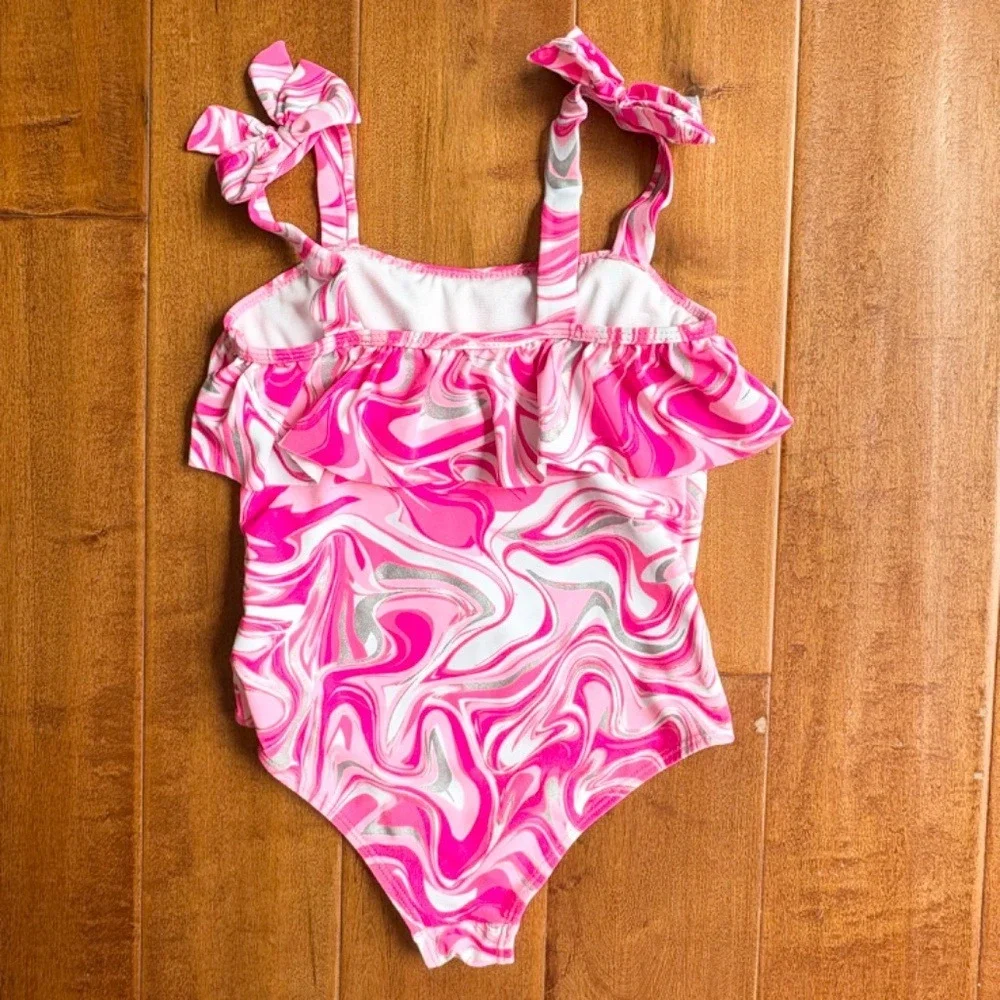 Tommy‎ Bahama Marble Ruffle One Piece Swimsuit Girls 7 Pink